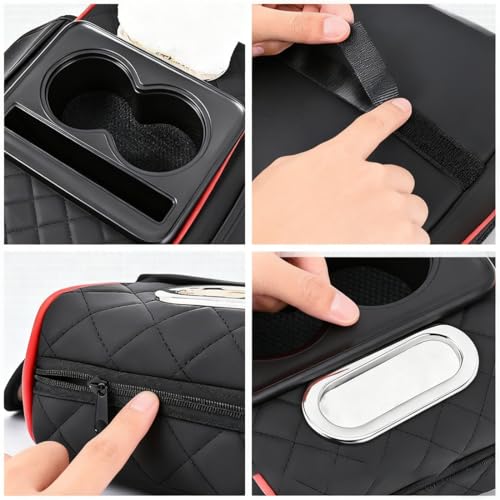 Multifunctional Pu Leather Car Armrest Box Mat, 2026 New Center Console Cover with Cup Holder, Storage Bags, Tissue Boxs Slot, Phone Slot Car Armrest Storage Box Organizer for Most Cars