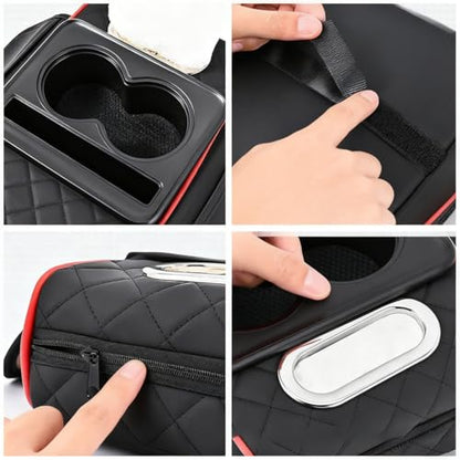 Multifunctional Pu Leather Car Armrest Box Mat, 2026 New Center Console Cover with Cup Holder, Storage Bags, Tissue Boxs Slot, Phone Slot Car Armrest Storage Box Organizer for Most Cars