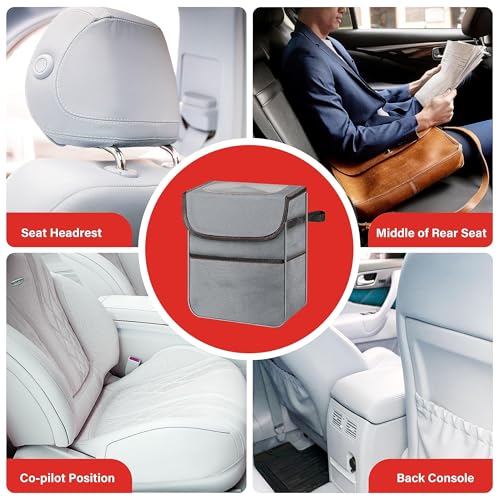 Simple Deluxe 2 Gallon Car Trash Can, Collapsible Adjustable Straps and Portable Organizer, Multipurpose Bin with Lid and Storage Pockets, Grey