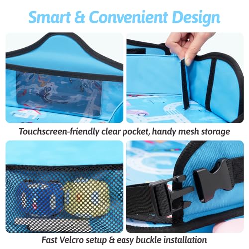 OUOZZZ Kids Travel Tray for Car - Boy's Safety Seat Table, Toddler Road Trip Essentials - Carseat/Airplane Lap Desk with Weight-Relief Strap, Non-Skid Silicone Base, Waterproof Dining/Craft Mat - color: Car