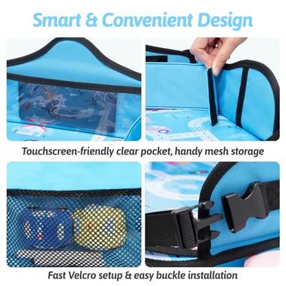 OUOZZZ Kids Travel Tray for Car - Boy's Safety Seat Table, Toddler Road Trip Essentials - Carseat/Airplane Lap Desk with Weight-Relief Strap, Non-Skid Silicone Base, Waterproof Dining/Craft Mat - color: Car