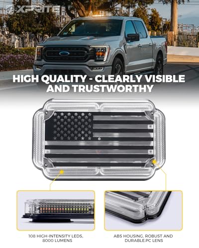 Xprite 300% Bright 108 LED Roof Top Strobe Light, US Flag Pattern Emergency Safety Warning Mini LED Strobe Lightbar w/Magnetic Base for 12-24V Construction Vehicles, Trucks, Snowplows, Amber White - color: Amber White
