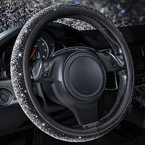 CAR PASS Bling Diamond Leather Steering Wheel Cover, Bling Sparkly Crystal Glitter Rhinestones Universal Fit 14" 1/2-15" Car Wheel Protector for Women Girl Fit Suvs,Vans,Sedans,Trucks, Black Silver - color: Black Silver Diamond