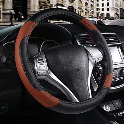 Leather Car Steering Wheel Cover, Non-Slip Car Wheel Cover Protector Breathable Microfiber Leather Universal Fit for Most Cars(Brown) - color: Brown