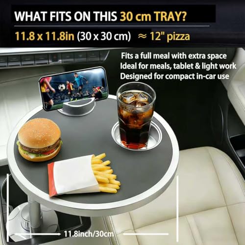 Car Food Tray & Car Table Tray with Car-Grade Aluminum Cup Holder & Phone Stand,360° Rotating Car Desk for Laptop & Eating, Compatible with Tesla Model Y/3/S, Best Fit Round Cup Holder (2.28" - 3.66") - color: 𝗥𝗼𝘂𝗻𝗱 · Black