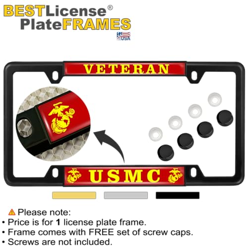 [Officially Licensed US Marine Corps Product] - Veteran USMC with EGA Emblem - Domed Custom-Made Personalized Thin Top 4-Hole Metal Car License Plate Frame with Free caps - Black Frame (Qty: 1) - color: Black - Style 2