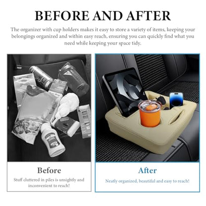 Car Back Seat Organizer, Leather Automotive Rear Seat Couch Cup Holder Expander Tray, Vehicle Cup Holder Tray Holds Snacks Remotes Phones for Truck RV Boat Couch Pillow Bed (Beige) - color: Beige