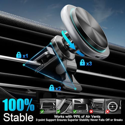 Likzest 15W MagSafe Car Mount Charger, Magnetic Wireless Car Charger Phone Holder for iPhone 17 Pro Max/17/16/15/14/13/12, Fast Charging Air Vent & Dashboard Mount, for Galaxy S25, Pixel with MagSafe