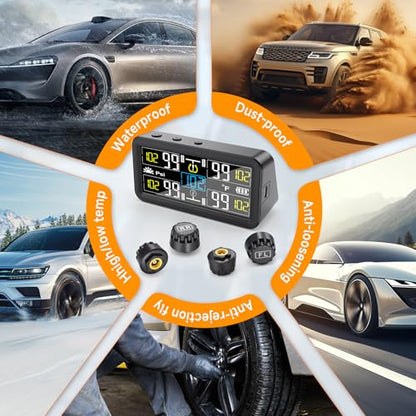 GEARGO 𝟐𝟎𝟐𝟔 𝐔𝐩𝐠𝐫𝐚𝐝𝐞𝐝 Tire Pressure Monitoring System, TPMS with Solar & USB-C Dual Charging, 4 External Sensors (0–99 PSI), 6 Alarm Modes, Color LCD Display for RV/Trailer/Truck/SUV