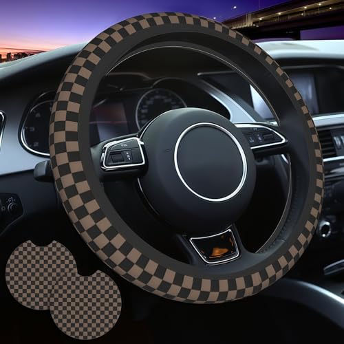 Checkered Black Brown Steering Wheel Cover Black Brown Checkered Steering Wheel Cover Anti-Slip Breathable Universal for 15 Inch Car with 2 Pieces Car Coasters Suitable - color: 1-Checkered Brown