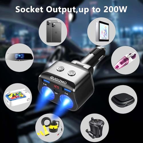 EUGIZMO Dual Car Charger Adapter, 200W Double Cigarette Lighter Adapter Outlet Dual Cigarette Lighter Plug Splitter USB Charger 12V Cigarette Lighter Socket Plug Splitter 2 Socket for Car