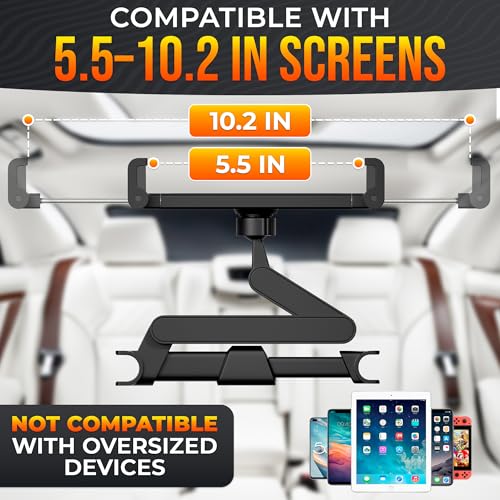 Car Headrest Tablet Holder for 5.5"-11" Devices - Tablet Headrest Mount with 360° Rotation & Charging Port Access - Quick Install & Adjustable Car Tablet Holder Сompatible with Smartphones and Tablets