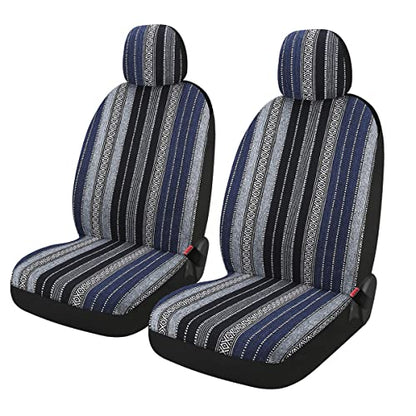 Baja Saddle Blanket Car Seat Covers 4PCS Front, Breathable and Washable Striped Woven Automotive Vehicle Universal Seat Cover for Sedan, SUV, Truck, Airbag Compatible - color: Blue Baja, size: Front