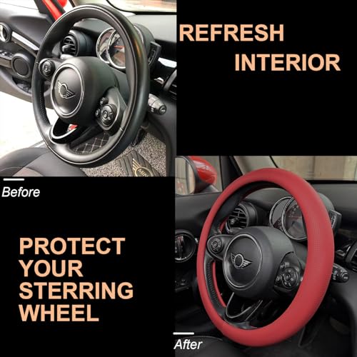 PINCTROT Nappa Leather Steering Wheel Cover, Slim Fit No Bulk Design, One Piece Leather with Breathable Perforation, Fit Like Gloves, Universal 14.5-15 Inch(Nappa Rust Red) - color: 02.Rust Red, size: Medium(Standard) Size[14 1/2''-15'']