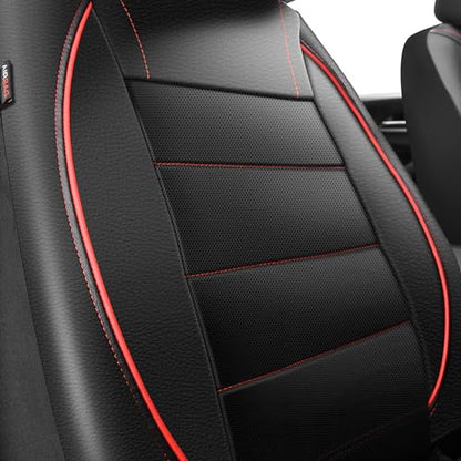 CAR PASS Universal FIT Piping Leather Two Front Seat Covers, Waterproof Faux Leather for SUV Sedan Van Truck, Airbag Compatible,Reserved Opening Holes for Headrest Covers. (Black red) - color: Black Red
