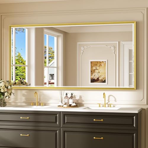 Keonjinn 72" x 36" Gold Bathroom Mirror, Decorative Metal Frame, Safe Beveled Tempered Glass, Shatterproof, Modern Farmhouse Large Rectangle Wall-Mounted Mirror for Living Room, Dining Room - color: Gold, size: 36"L x 72"W