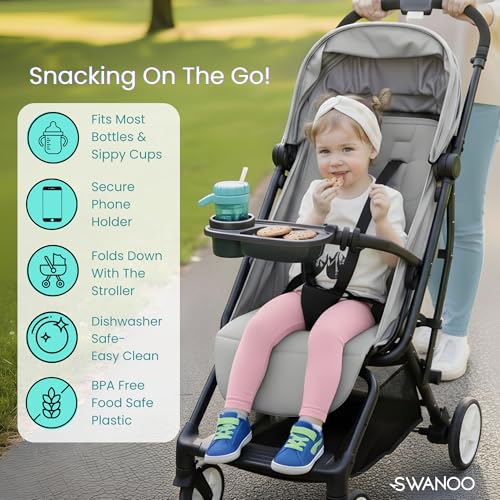 Universal Stroller Snack Tray | Stroller Cup Holder | Silicone Flexible Arms Grip Stroller Bumper Bar Stays in Place Stroller Tray Attachment (2-Pack Snack Tray with Phone Holder Black) - color: 2-Pack Snack Tray With Phone Holder Black