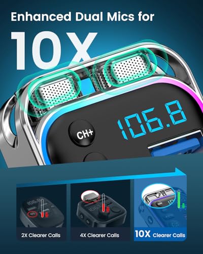 LENCENT Bluetooth 5.3 FM Transmitter Car Adapter 48W (PD30W & QC18W) Fast Charger, Light Switch, HiFi Bass Sound Audio Receiver Wireless Radio MP3 Music Player, Hands-Free Calling, Support USB Drive