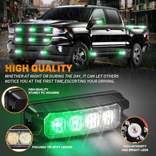 XRIDONSEN 8PCS Sync Grill Emergency Lights 32 LED Green White Firefighter Lights Grille Surface Mount Strobe Flashing Warning Safety Hazard First Responder Light for Vehicles POV Fire Fighter Trucks - color: Green/White