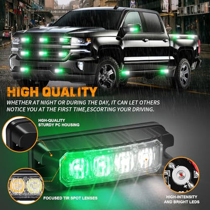 XRIDONSEN 8PCS Sync Grill Emergency Lights 32 LED Green White Firefighter Lights Grille Surface Mount Strobe Flashing Warning Safety Hazard First Responder Light for Vehicles POV Fire Fighter Trucks - color: Green/White