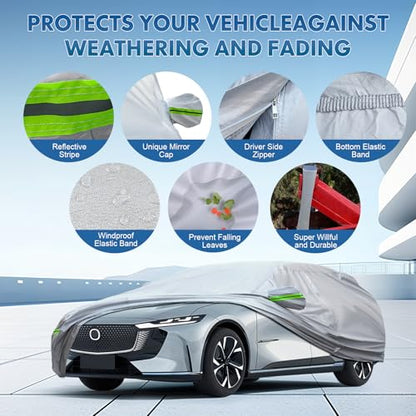 KEYOOG Full Car Cover Is All-weather Waterproof 6-layer, Universal In All Seasons, Snow Prevention, Rainproof, Acid Rainproof, Sunscreen, Ultraviolet-proof, Universally Applicable To Sedan (178"-189") - color: Green reflective strip, size: 2/ J-M For Seda