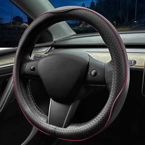 LKWLIKEI Nappa Leather Ultra-Thin Steering Wheel Cover, for Tesla Model 3/Y Steering Wheel Cover, Non-Slip Design and Interior Modification of car Accessories （Black and Red） - color: Black and Red