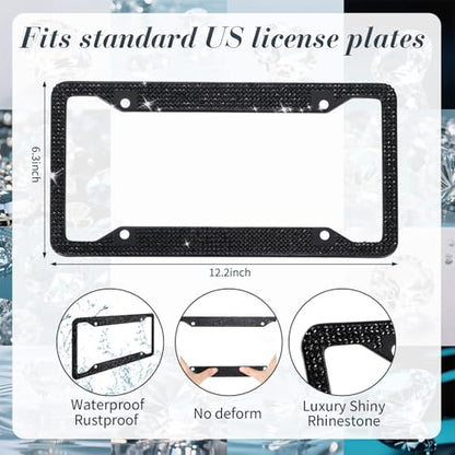 Timtin 2 Pcs Bling License Plate Frame Sparkly Rhinestone Diamond Accessories Stainless Steel Front License Plate Cover with Bling 4 Crystal Tire Valve Caps 1 Start Ring Sticker (Black) - color: Black