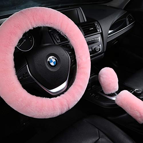 3Pcs/Set Pure Wool Fur Furry Steering Wheel Cover, Soft Fluffy Handbrake Cover Gear Shift Cover for Women Car SUV Truck Australia Sheepskin Accessories, Pink - color: Pink, size: Shearling Wool