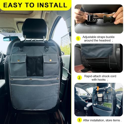 Car Seat Back Organizer with Multiple Pockets and Hooks (grey) - color: grey