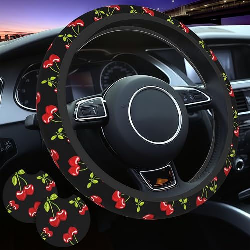 Cherry Hearts Red Steering Wheel Cover Cherry Hearts Red Steering Wheel Cover Car Women Breathable Universal for 14-15 Inch Anti-Slip 2 Pieces Car Coasters for Men Women - color: Cherry Hearts