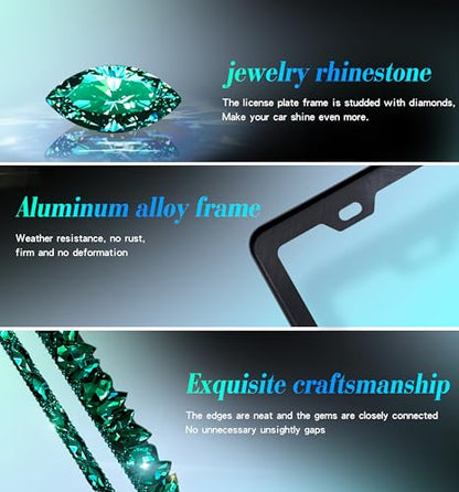 Rhinestone License Plate Frames 2 Pack Sparkly Glitter Bedazzled License Plate Frame Bling License Plate Holder Cover - High End Gift Box Packaging Bling Car Accessories for Women - color: CPJ-03-green-2