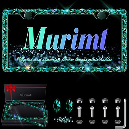 Rhinestone License Plate Frame 2 Pack for Women Bedazzled Diamond License Plate Holder Cover with High End Ribbon Gift Box - color: CPJ-02-green 2