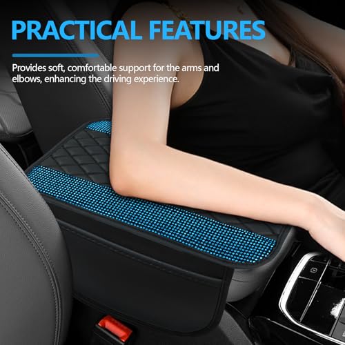 Bling Leather Car Center Console Cover, 12.2"×7.48" Crystal Rhinestone Automotive Arm Rest Cover with Side Pockets, Universal Vehicle Armrest Protector, Interior Car Accessories (Sky Blue) - color: Sky Blue