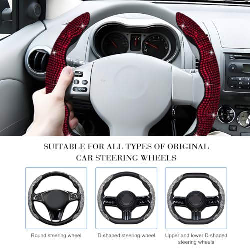 Bling Car Steering Wheel Cover, Rhinestones Non-Slip 15 Inches Vehicle Wheel Cover, Diamond Sparkling Steering Protector for Women Girls, Universal Automotive Accessories (Red) - color: Red