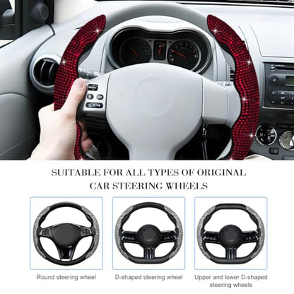 Bling Car Steering Wheel Cover, Rhinestones Non-Slip 15 Inches Vehicle Wheel Cover, Diamond Sparkling Steering Protector for Women Girls, Universal Automotive Accessories (Red) - color: Red