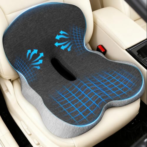 Denchy Car Seat Cushion with Lumbar Support for Long Sitting, Ergonomic Memory Foam Driving Seat Cushions for Semi Truck Bus Driver Trucker, Non Slip Office Chair Cushion (Dark Light Gray) - color: Dark Gray + Light Gray