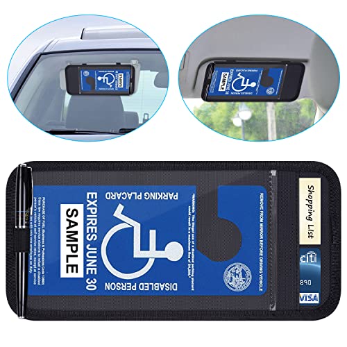 Handicap Placard Holder for Auto, Wisdompro Disabled Parking Permit Sign Protector for Car Sun Visor with Note Paper Slot, Pen Holder and Elastic Strap - Black - color: Black