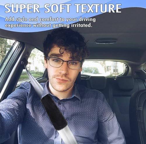 VaygWay Soft Faux Sheepskin Seatbelt Shoulder Pad Cover – Automotive Black Furry Sheepskin Belt Cover for Comfortable Driving – 4 Pcs Adult/Kids Shoulder Pad & Neck Cushion – Bag Backpack Strap Cover
