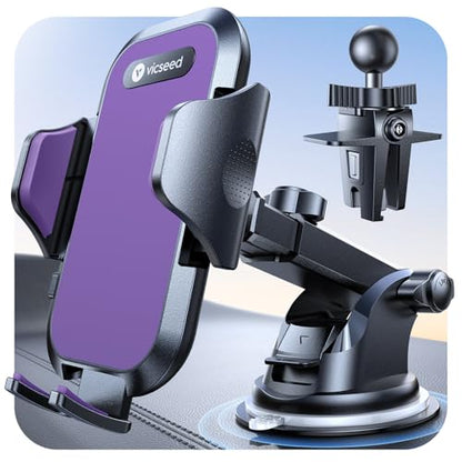 VICSEED Purple Phone Holders for Your Car [Upgraded True Military-Grade Strongest Suction] Cell Phone Mount for Car Dashboard Windshield Vent Truck Boat Stand Adjustable for iPhone Android - color: Purple