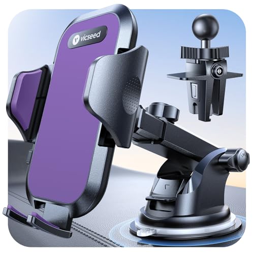 VICSEED Purple Phone Holders for Your Car [Upgraded True Military-Grade Strongest Suction] Cell Phone Mount for Car Dashboard Windshield Vent Truck Boat Stand Adjustable for iPhone Android - color: Purple