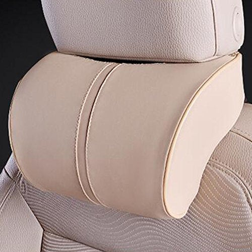 Car Seat Neck Support Pillow,PU Soft Leather + Memory Foam,Head Support Pillow Cushion Pad for Driving Headrest Relax,with Adjustable Strap - color: Beige