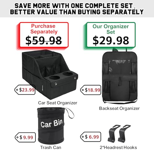 Car Organizer and Storage 5-in-1 Set with Front Seat Organizer, Backseat Organizer, Car Trash Can & 2 Headrest Hooks, Universal Car Storage Accessories for SUV Truck & Sedan Vehicle