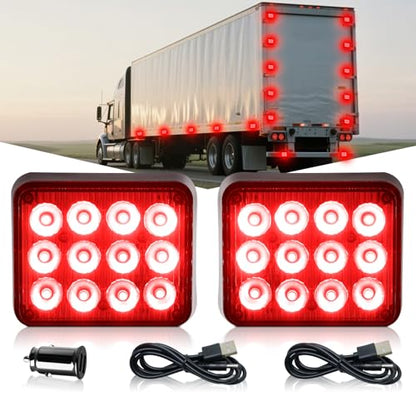 2PCS LED Red Strobe Lights Magnetic Flashing Lights Rechargeable Beacon Safety Warning Emergency Lights Magnetic Trailer Lights Wireless Battery Powered Strobe Lights for Trucks Vehicles Car - color: Red