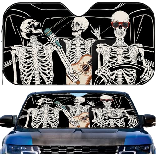 Funny Skull Car Windshield Sunshade for Big Cars, Skeleton Sun Visor Front Window Shield Cover UV Rays Protect Car Window Shades Foldable Windshield Sun Shade for SUV Truck Keep Vehicle Cool - color: Funny Skulls Drive, size: 55x30 inches