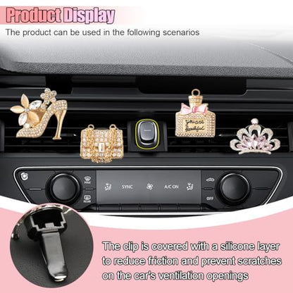 4PCS Bling Car Air Vent Clip, Crystal Rhinestone Heels Bag Crown Perfume Bottle Dashboard Air Vent Trim Clips, Car Interior Outlet Diffuser Decoration Accessory for Women (Gold) - size: Gold