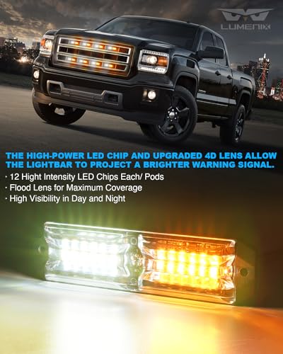 LUMENIX Grille Strobe Lights Kits for Trucks w/Controller, 8PCs High-Intensity LED Deck | Surface Mount Emergency Construction Vehicles Snowplow Towing Side Marker Flashing Warning Light- White Amber - color: White Amber