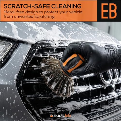 Suds Lab Elite-Bristle Boar’s Hair Car Detailing Brush – Deep Cleaning Car Detail Brush with Stand – Metal-Free, High Absorbency Detailing Tool for Scratch-Free Interior & Exterior - size: Boar Hair