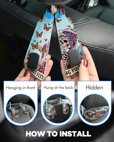 WOCOCN 2 Pack Car Purse Hook for Car Seat Headrest, Double-Sided PrintingPU Leather Purse Holder with Metal Hook, Cute Car Accessories for Women, Men (Car hook - Skeleton and Butterfly A) - color: Car hook - Skeleton and Butterfly A