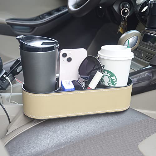 Car Cup Holder Expander Organizer,Multifunctional Cup Drink Holders with PU Leather Cover,Side Insert Center Console Seat Gap Filler Storage Box for Mug Bottle CellPhones Keys Coffee Coasters Cards - color: Thin Beige