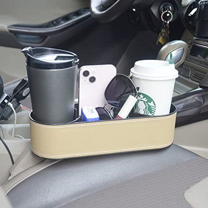 Car Cup Holder Expander Organizer,Multifunctional Cup Drink Holders with PU Leather Cover,Side Insert Center Console Seat Gap Filler Storage Box for Mug Bottle CellPhones Keys Coffee Coasters Cards - color: Thin Beige